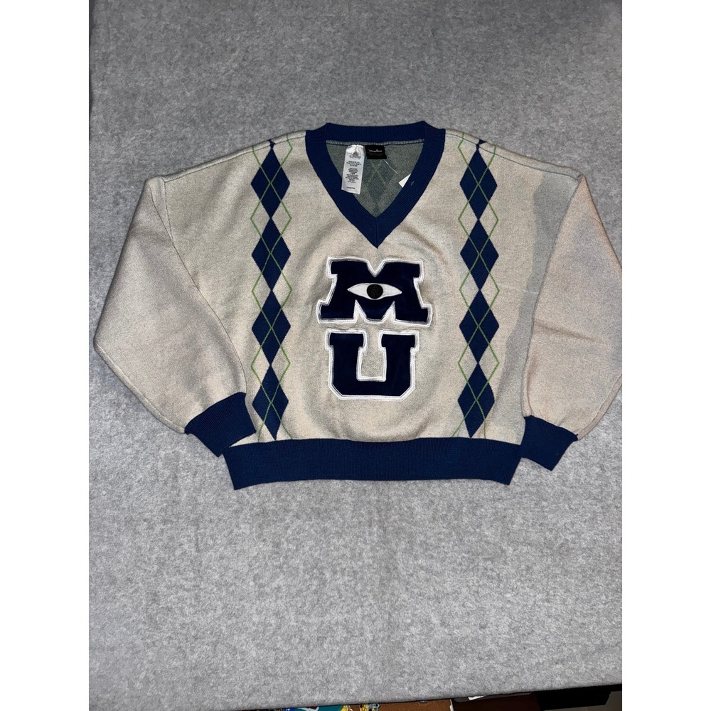 Disney Parks Monsters University Sweater Large Cream Navy V-Neck MU